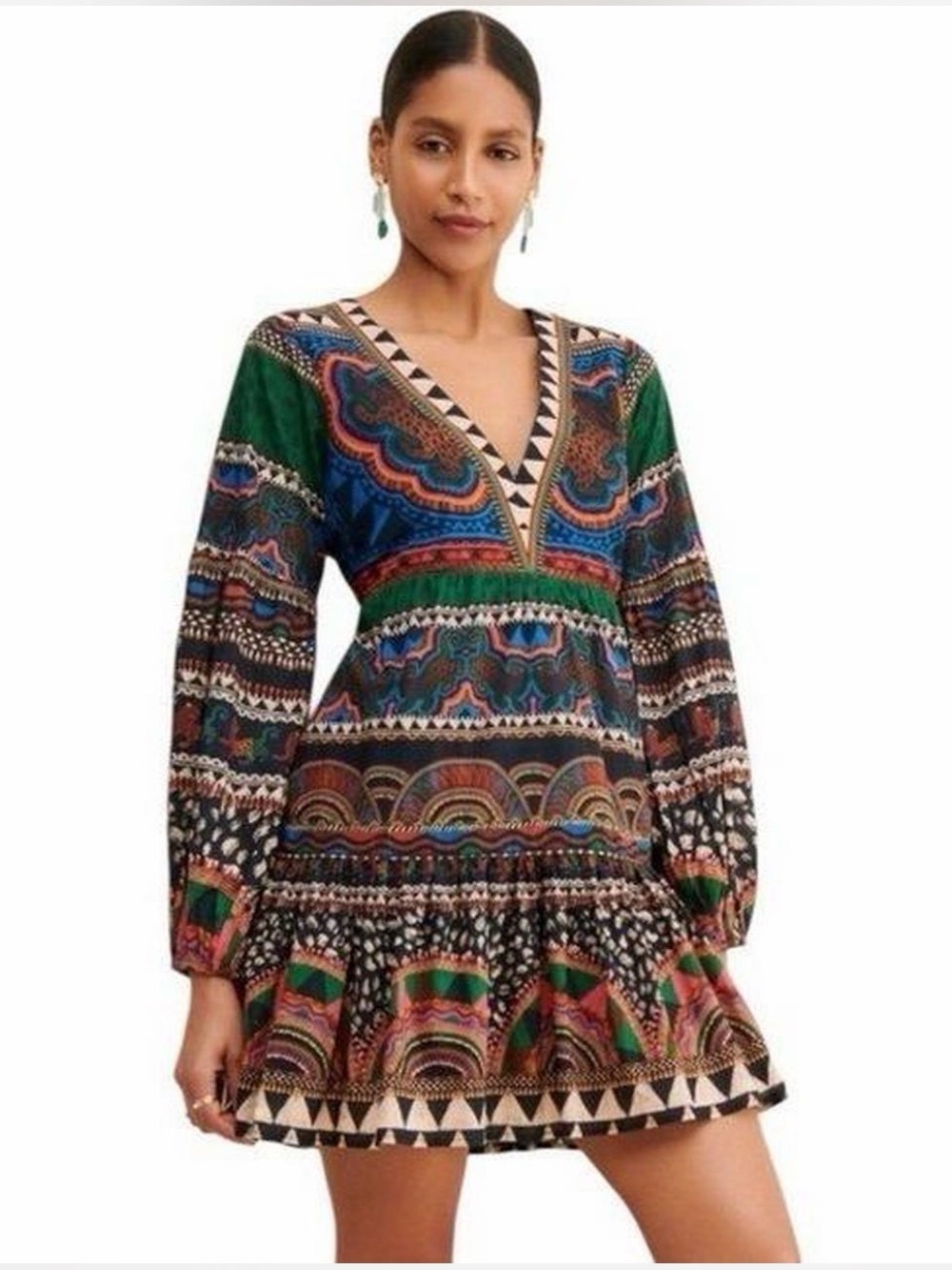 Farm Rio x Anthropologie Bohemian V-Neck Long Sleeve Mini Dress in Green Multi